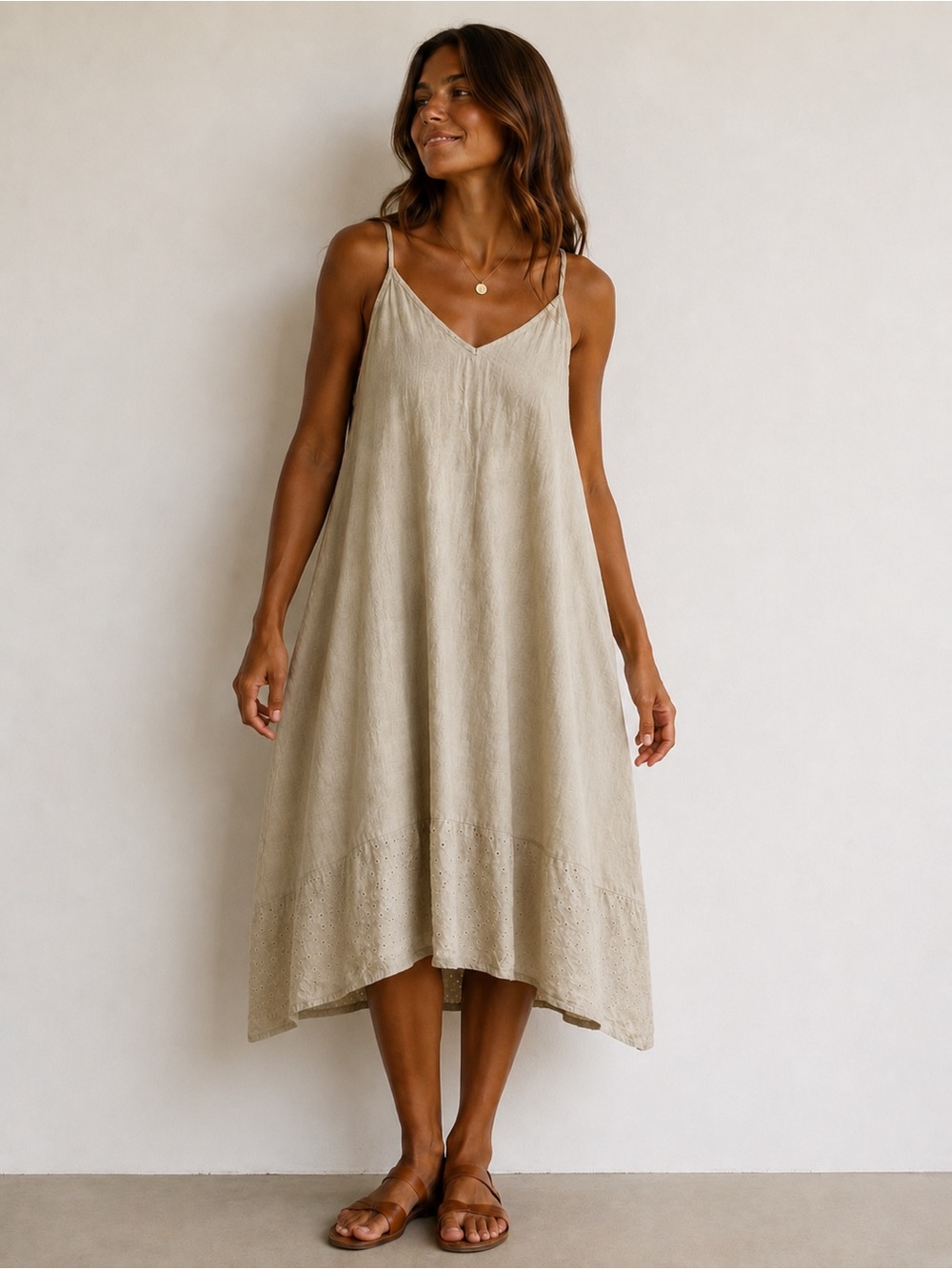 Terzo Millennio linen midi dress with eyelet hem Made in Italy